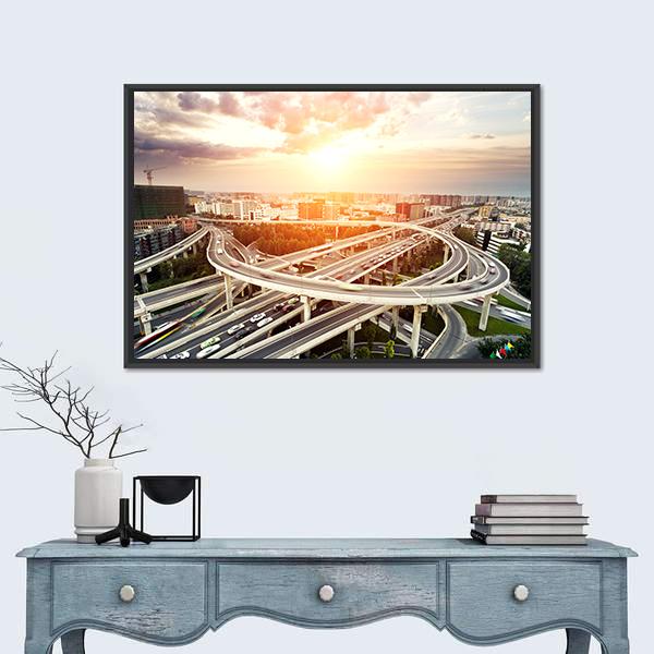 Skyline & Highway Intersection Canvas Wall Art-3 Horizontal-Gallery Wrap-25" x 16"-Tiaracle