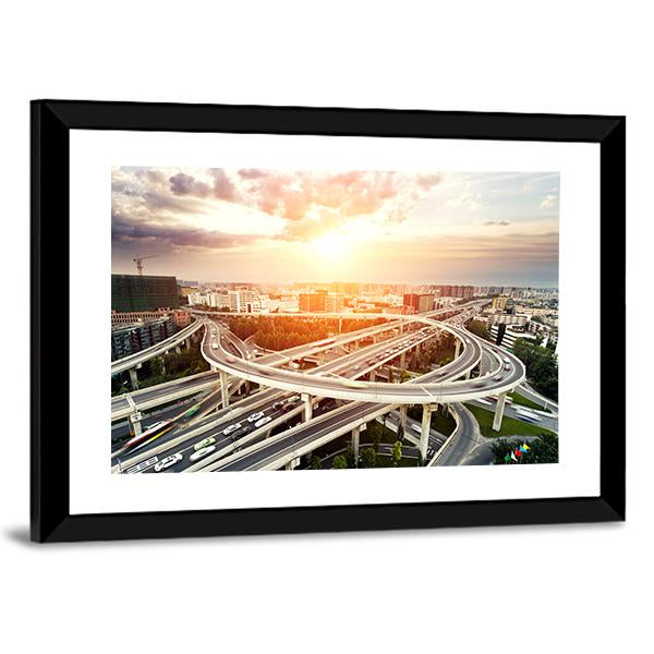 Skyline & Highway Intersection Canvas Wall Art-3 Horizontal-Gallery Wrap-25" x 16"-Tiaracle