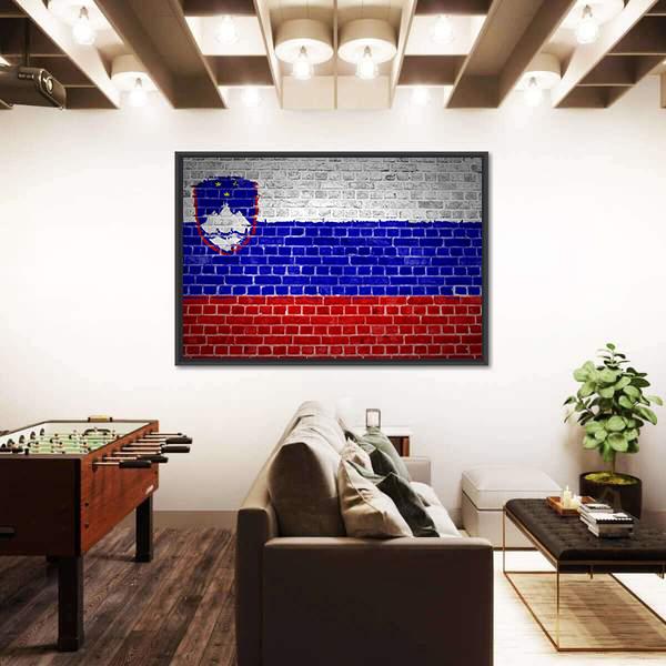 Slovenia Flag On A Brick Wall Canvas Wall Art-3 Horizontal-Gallery Wrap-25" x 16"-Tiaracle