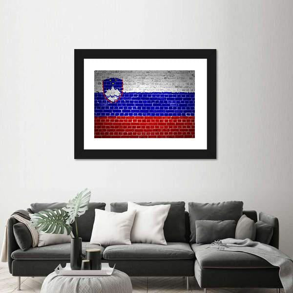 Slovenia Flag On A Brick Wall Canvas Wall Art-3 Horizontal-Gallery Wrap-25" x 16"-Tiaracle