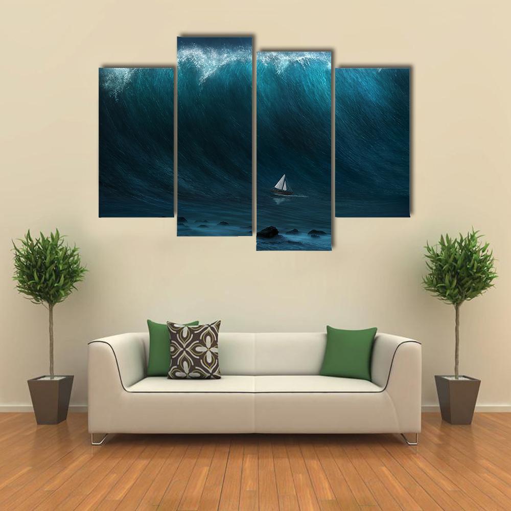 Small Boat Being Captured By A Large Wave Canvas Wall Art-4 Pop-Gallery Wrap-50" x 32"-Tiaracle