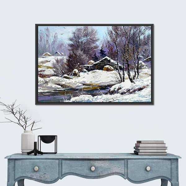 Small House In Winter Village Canvas Wall Art-1 Piece-Floating Frame-24" x 16"-Tiaracle