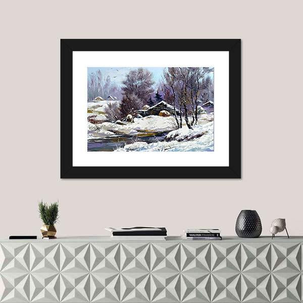 Small House In Winter Village Canvas Wall Art-1 Piece-Framed Print-20" x 16"-Tiaracle