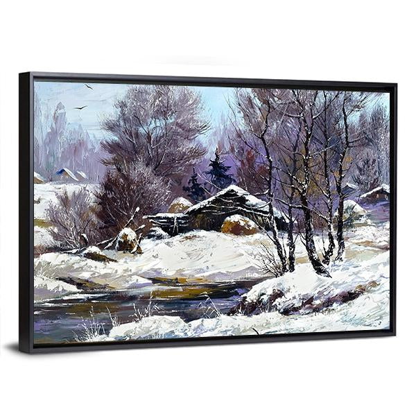 Small House In Winter Village Canvas Wall Art-3 Horizontal-Gallery Wrap-25" x 16"-Tiaracle