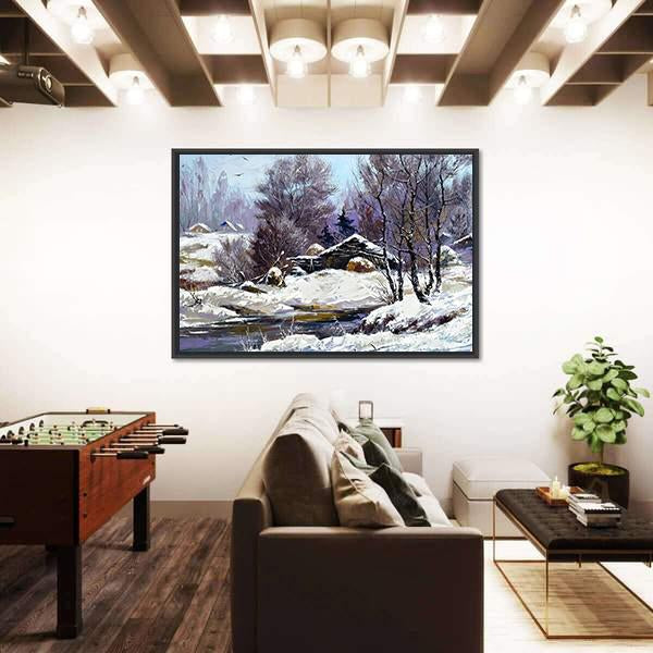 Small House In Winter Village Canvas Wall Art-3 Horizontal-Gallery Wrap-25" x 16"-Tiaracle