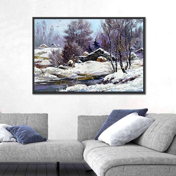 Small House In Winter Village Canvas Wall Art-3 Horizontal-Gallery Wrap-25" x 16"-Tiaracle