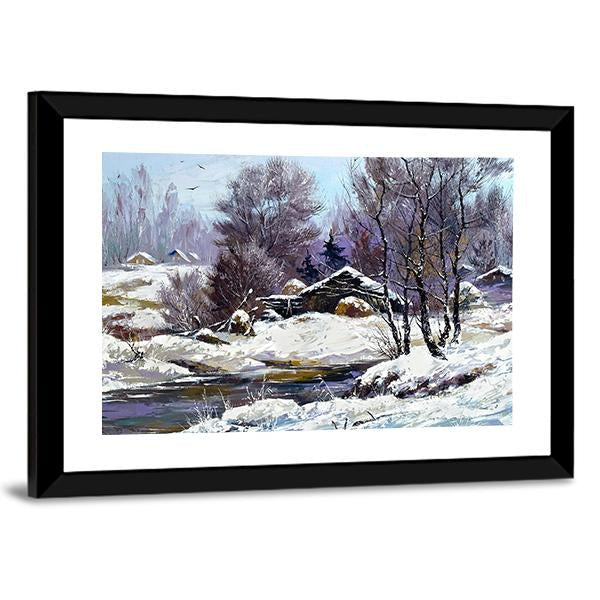 Small House In Winter Village Canvas Wall Art-3 Horizontal-Gallery Wrap-25" x 16"-Tiaracle