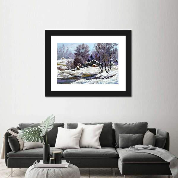 Small House In Winter Village Canvas Wall Art-3 Horizontal-Gallery Wrap-25" x 16"-Tiaracle