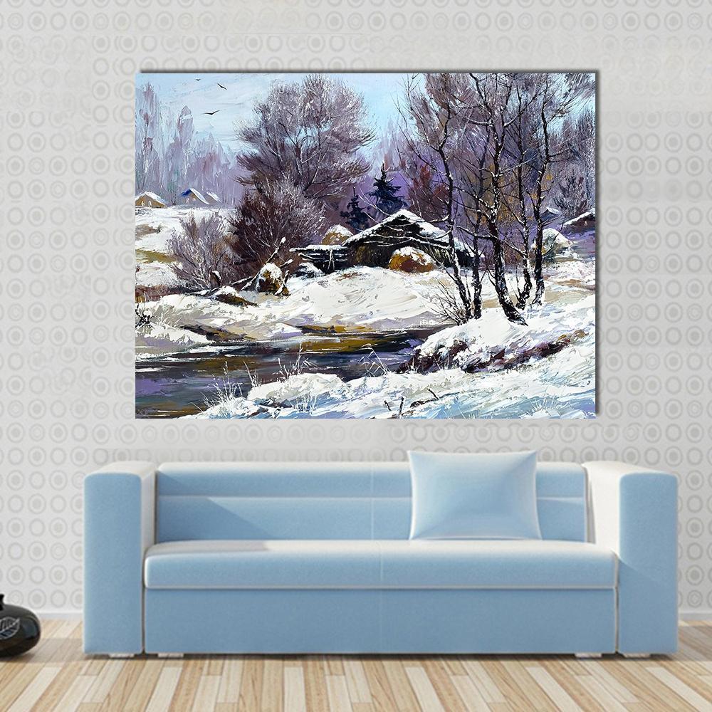 Small House In Winter Village Canvas Wall Art-1 Piece-Gallery Wrap-48" x 32"-Tiaracle