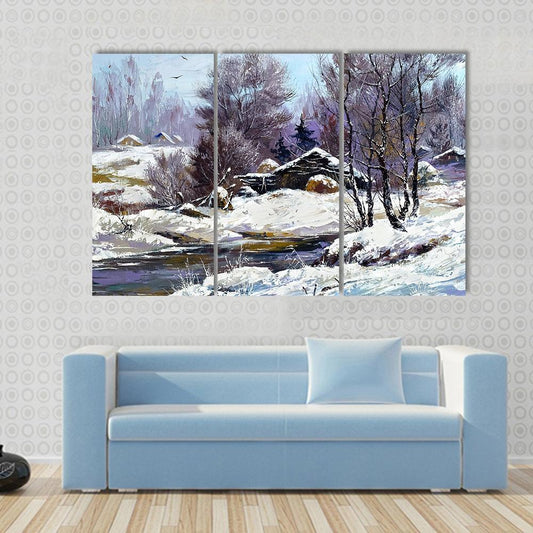 Small House In Winter Village Canvas Wall Art-3 Horizontal-Gallery Wrap-37" x 24"-Tiaracle