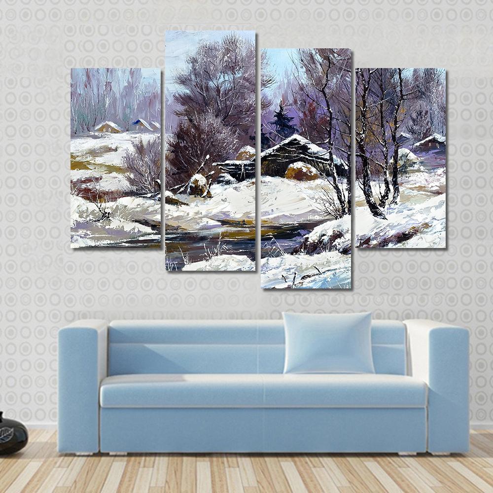 Small House In Winter Village Canvas Wall Art-4 Pop-Gallery Wrap-50" x 32"-Tiaracle