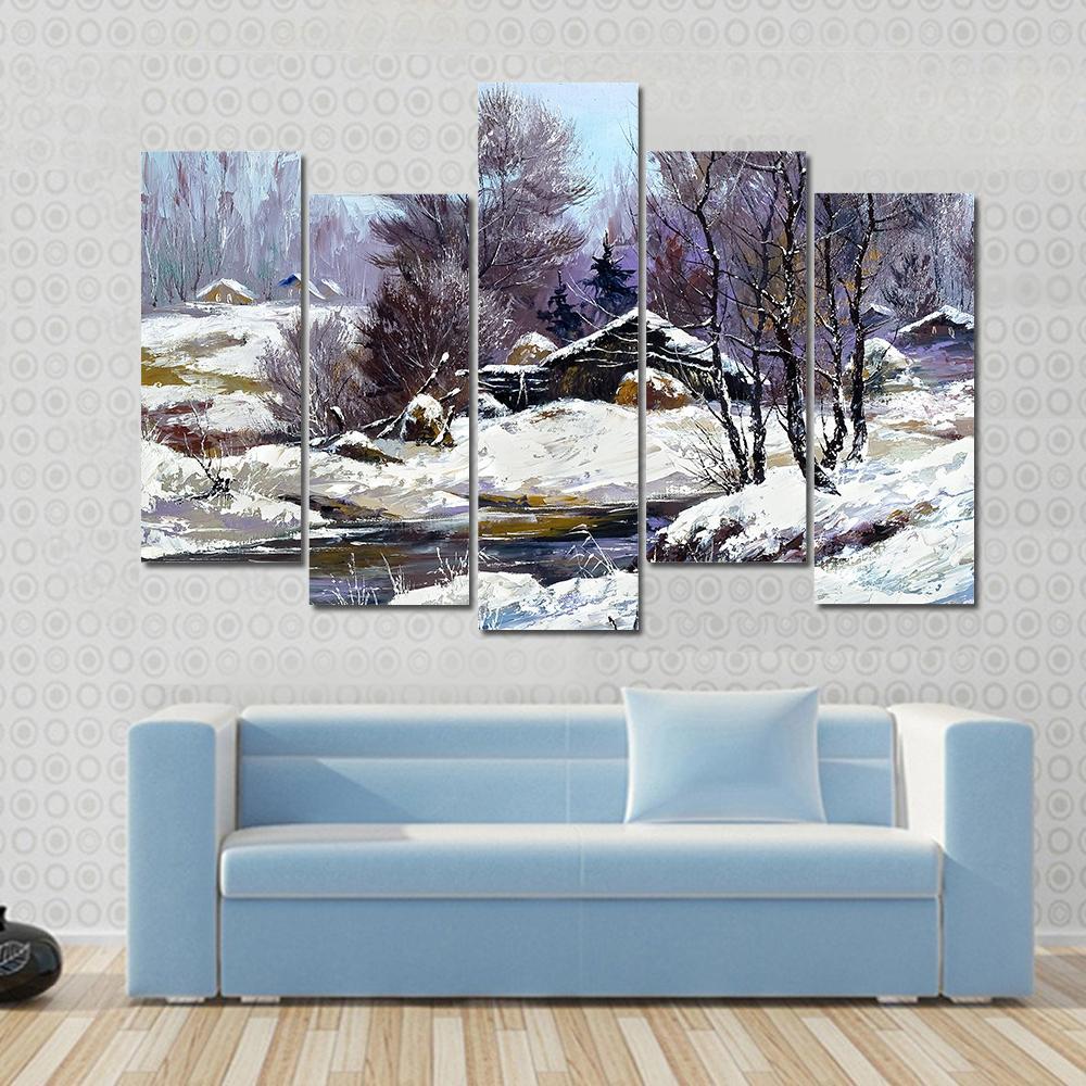 Small House In Winter Village Canvas Wall Art-5 Pop-Gallery Wrap-47" x 32"-Tiaracle