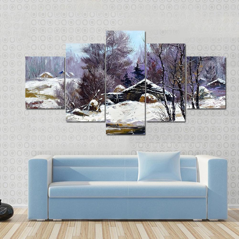 Small House In Winter Village Canvas Wall Art-5 Star-Gallery Wrap-62" x 32"-Tiaracle