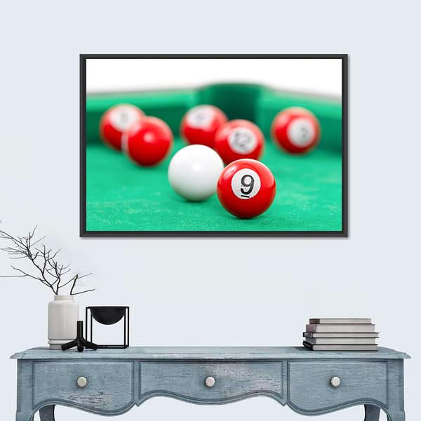 Snooker Balls On A Green Snooker Table Canvas Wall Art-1 Piece-Floating Frame-24" x 16"-Tiaracle