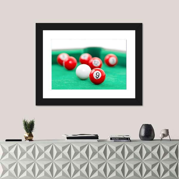 Snooker Balls On A Green Snooker Table Canvas Wall Art-1 Piece-Framed Print-20" x 16"-Tiaracle