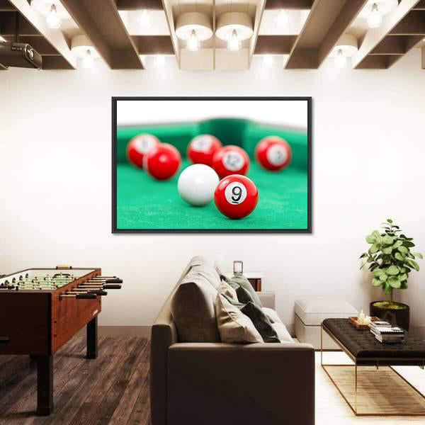 Snooker Balls On A Green Snooker Table Canvas Wall Art-3 Horizontal-Gallery Wrap-25" x 16"-Tiaracle