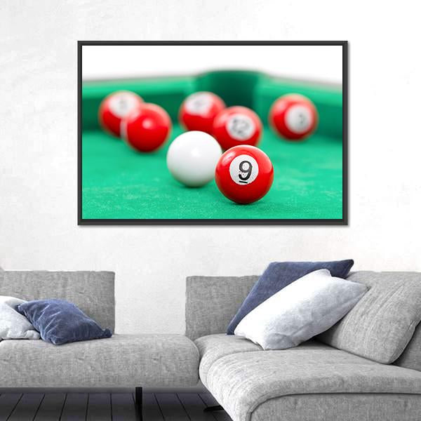 Snooker Balls On A Green Snooker Table Canvas Wall Art-3 Horizontal-Gallery Wrap-25" x 16"-Tiaracle