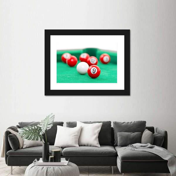 Snooker Balls On A Green Snooker Table Canvas Wall Art-3 Horizontal-Gallery Wrap-25" x 16"-Tiaracle