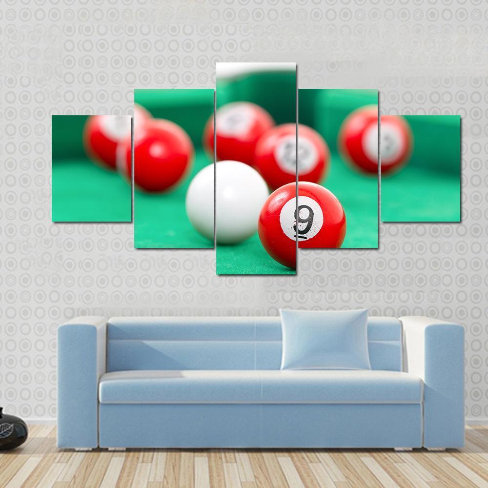 Snooker Balls On A Green Snooker Table Canvas Wall Art-5 Star-Gallery Wrap-62" x 32"-Tiaracle