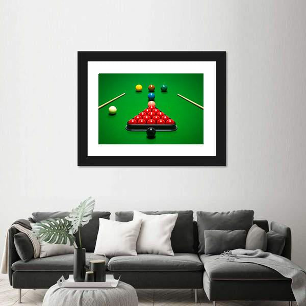 Snooker Balls Set On A Green Table Canvas Wall Art-1 Piece-Framed Print-20" x 16"-Tiaracle