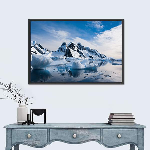 Snow Capped Mountains Against The Blue Sky Canvas Wall Art-1 Piece-Floating Frame-24" x 16"-Tiaracle