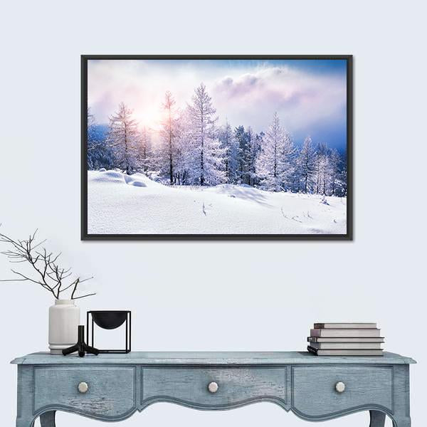 Snow Covered Trees In The Mountains At Sunset Canvas Wall Art-1 Piece-Floating Frame-24" x 16"-Tiaracle