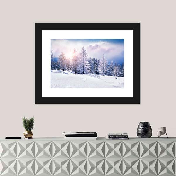 Snow Covered Trees In The Mountains At Sunset Canvas Wall Art-1 Piece-Framed Print-20" x 16"-Tiaracle