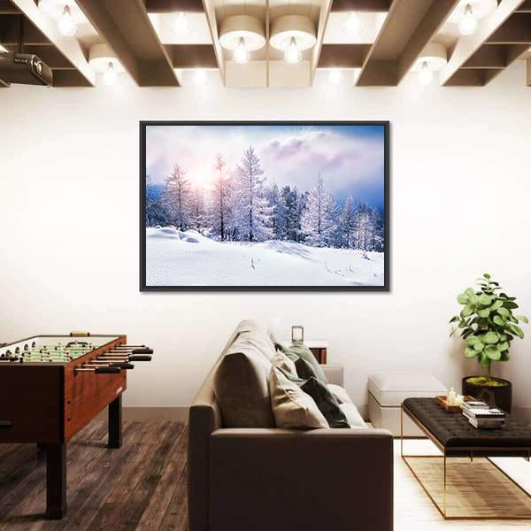 Snow Covered Trees In The Mountains At Sunset Canvas Wall Art-3 Horizontal-Gallery Wrap-25" x 16"-Tiaracle