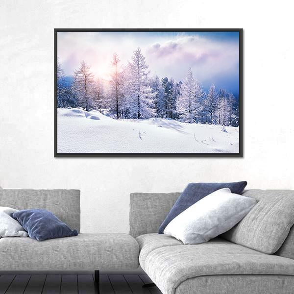 Snow Covered Trees In The Mountains At Sunset Canvas Wall Art-3 Horizontal-Gallery Wrap-25" x 16"-Tiaracle