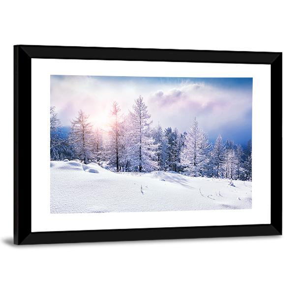 Snow Covered Trees In The Mountains At Sunset Canvas Wall Art-3 Horizontal-Gallery Wrap-25" x 16"-Tiaracle