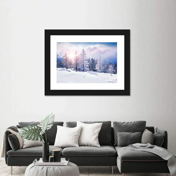 Snow Covered Trees In The Mountains At Sunset Canvas Wall Art-3 Horizontal-Gallery Wrap-25" x 16"-Tiaracle