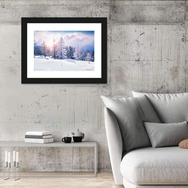 Snow Covered Trees In The Mountains At Sunset Canvas Wall Art-3 Horizontal-Gallery Wrap-25" x 16"-Tiaracle