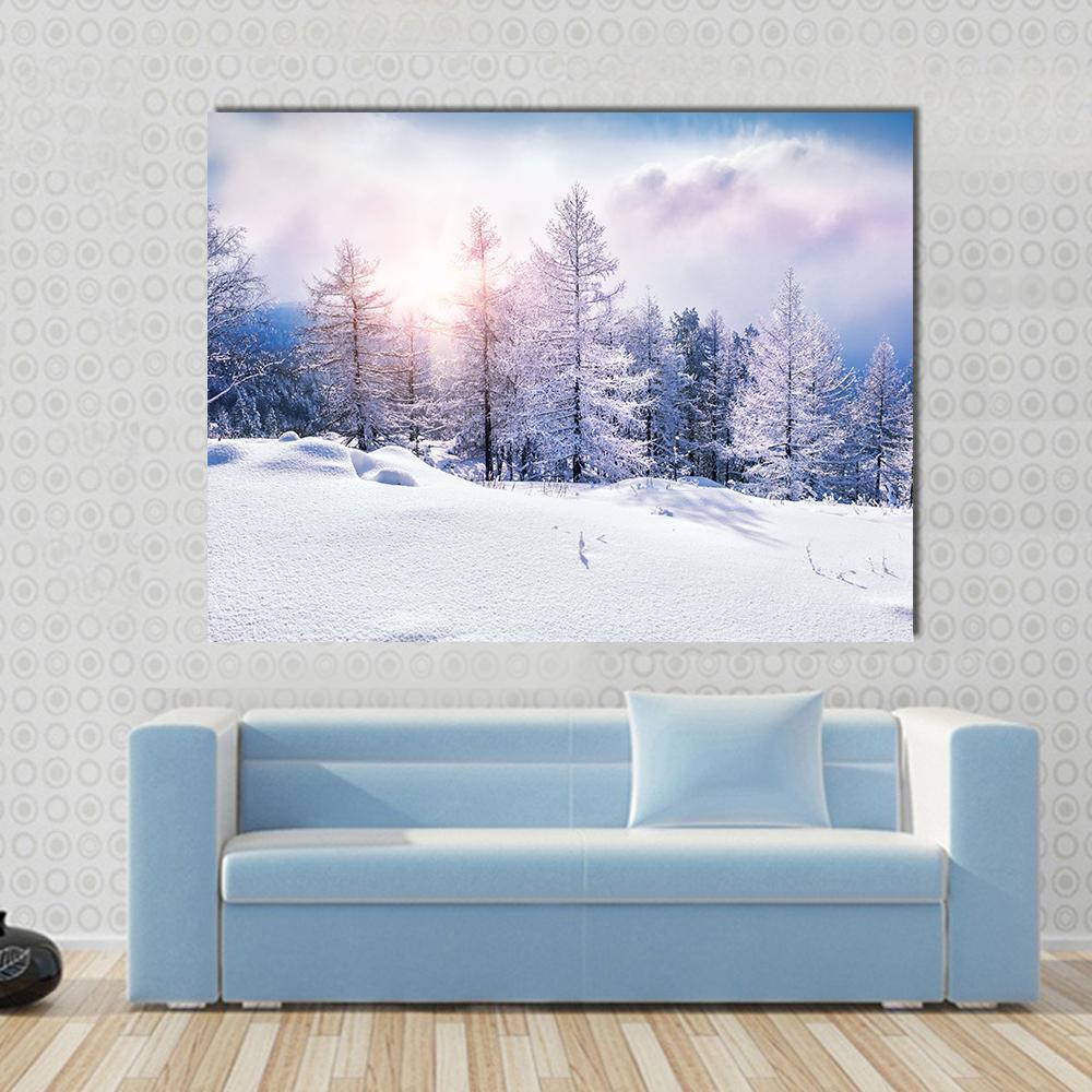 Snow Covered Trees In The Mountains At Sunset Canvas Wall Art-1 Piece-Gallery Wrap-48" x 32"-Tiaracle