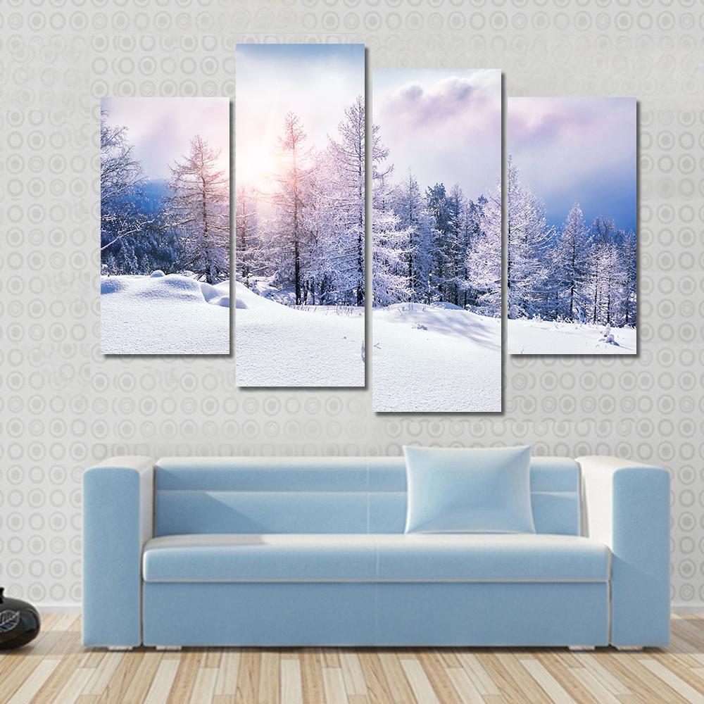 Snow Covered Trees In The Mountains At Sunset Canvas Wall Art-4 Pop-Gallery Wrap-50" x 32"-Tiaracle