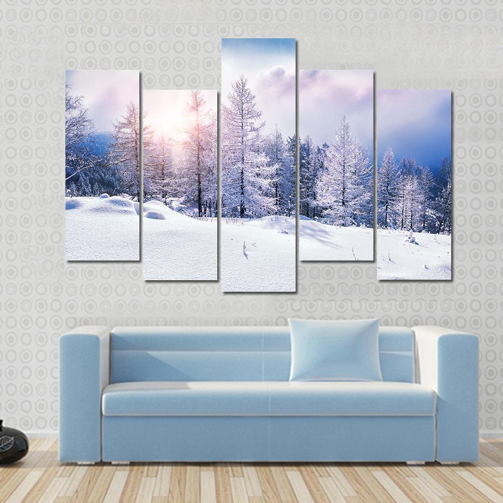 Snow Covered Trees In The Mountains At Sunset Canvas Wall Art-5 Pop-Gallery Wrap-47" x 32"-Tiaracle