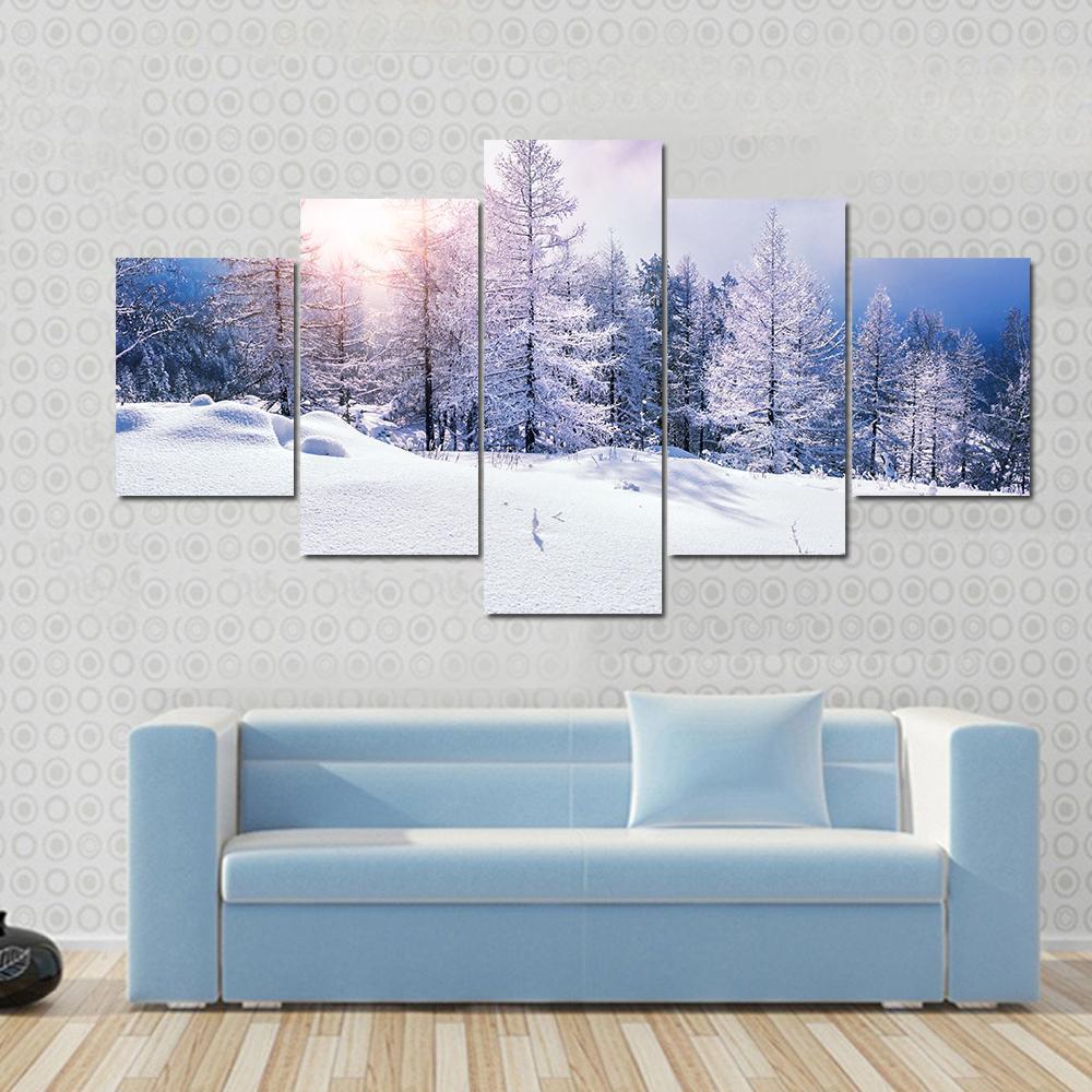 Snow Covered Trees In The Mountains At Sunset Canvas Wall Art-5 Star-Gallery Wrap-62" x 32"-Tiaracle