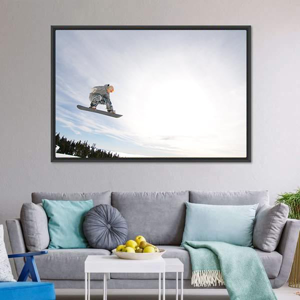 Snowboarder In Air Canvas Wall Art-1 Piece-Floating Frame-24" x 16"-Tiaracle