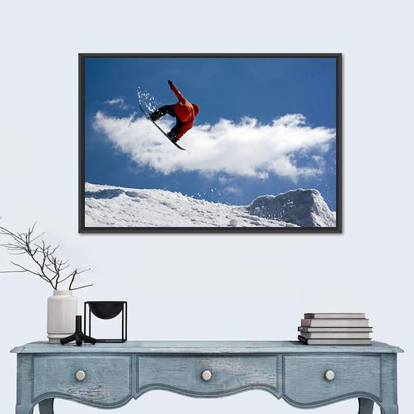 Snowboarder Jump From Snow Ramp Canvas Wall Art-1 Piece-Floating Frame-24" x 16"-Tiaracle