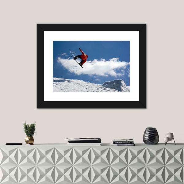 Snowboarder Jump From Snow Ramp Canvas Wall Art-1 Piece-Framed Print-20" x 16"-Tiaracle