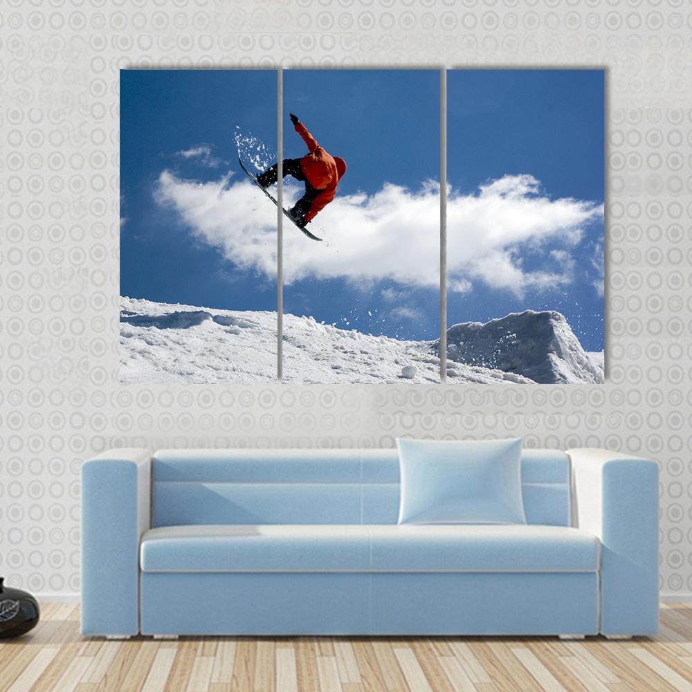 Snowboarder Jump From Snow Ramp Canvas Wall Art-3 Horizontal-Gallery Wrap-37" x 24"-Tiaracle