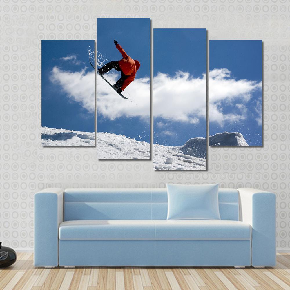 Snowboarder Jump From Snow Ramp Canvas Wall Art-4 Pop-Gallery Wrap-50" x 32"-Tiaracle