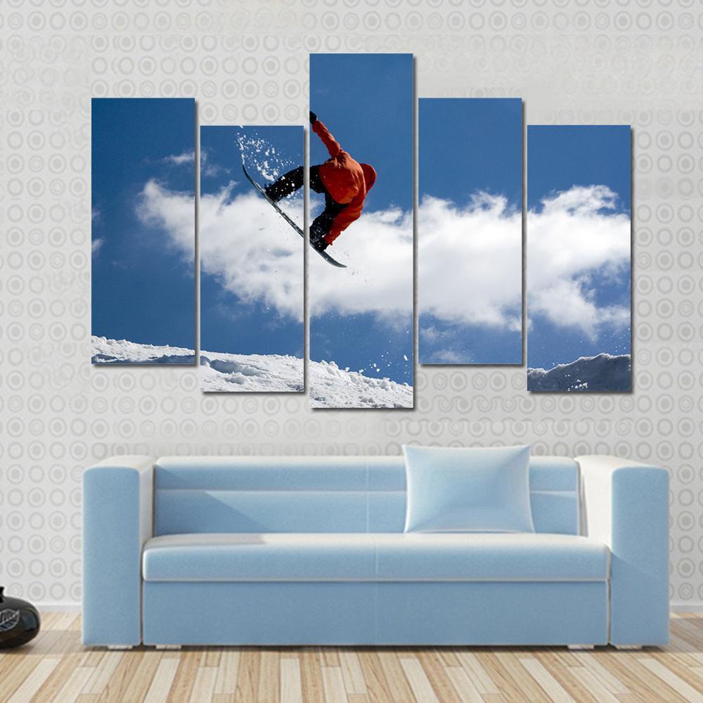 Snowboarder Jump From Snow Ramp Canvas Wall Art-5 Pop-Gallery Wrap-47" x 32"-Tiaracle