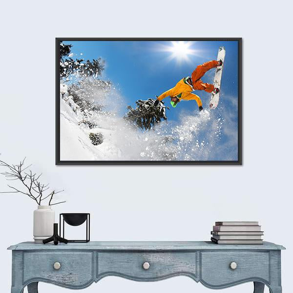 Snowboarder Jumping Against Blue Sky Canvas Wall Art-1 Piece-Floating Frame-24" x 16"-Tiaracle