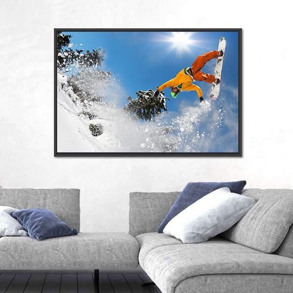 Snowboarder Jumping Against Blue Sky Canvas Wall Art-3 Horizontal-Gallery Wrap-25" x 16"-Tiaracle