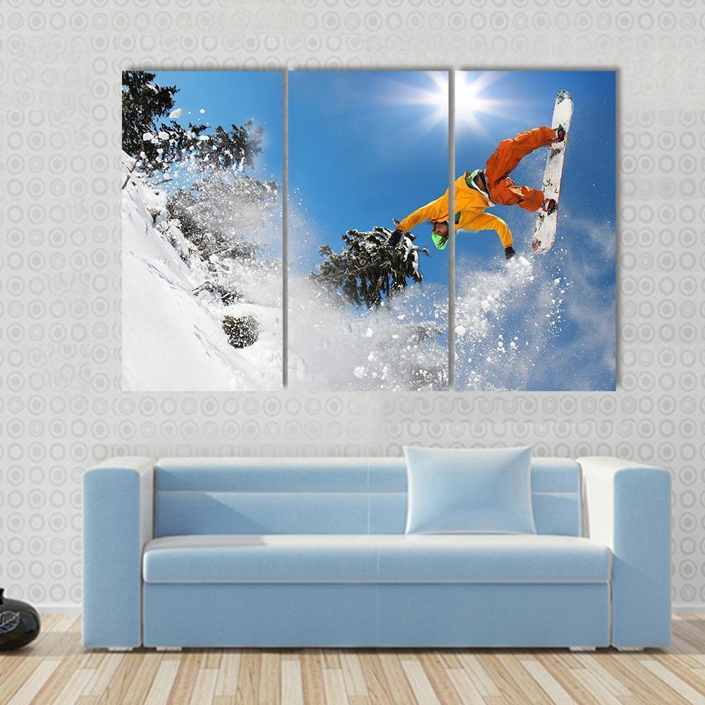 Snowboarder Jumping Against Blue Sky Canvas Wall Art-3 Horizontal-Gallery Wrap-37" x 24"-Tiaracle