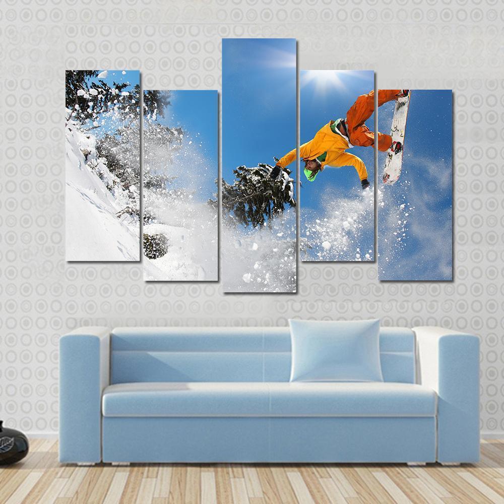 Snowboarder Jumping Against Blue Sky Canvas Wall Art-5 Pop-Gallery Wrap-47" x 32"-Tiaracle