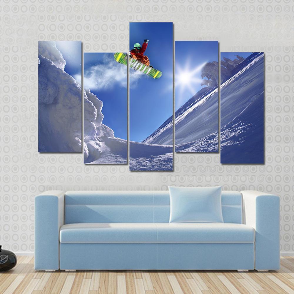 Snowboarder Jumping Against Blue Sky Canvas Wall Art-5 Pop-Gallery Wrap-47" x 32"-Tiaracle