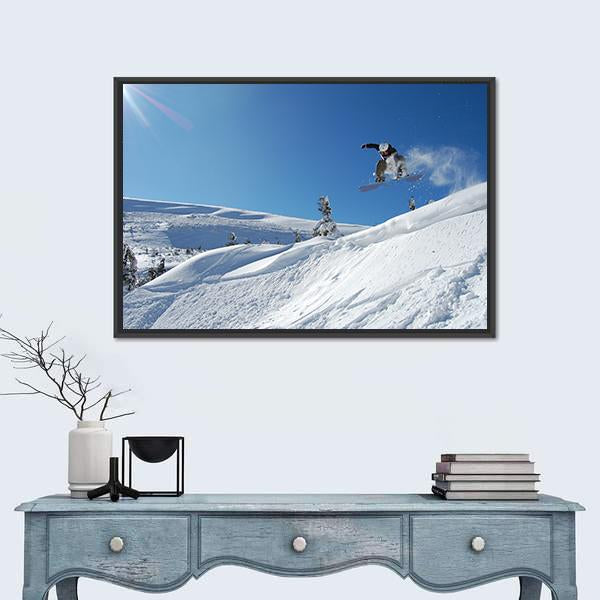 Snowboarder Jumping From A Cliff In Snow Powder Canvas Wall Art-1 Piece-Floating Frame-24" x 16"-Tiaracle