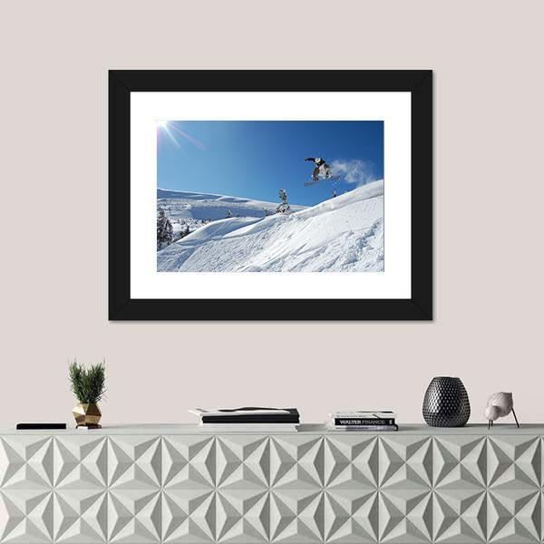 Snowboarder Jumping From A Cliff In Snow Powder Canvas Wall Art-1 Piece-Framed Print-20" x 16"-Tiaracle