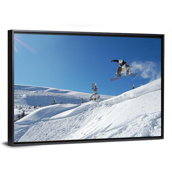 Snowboarder Jumping From A Cliff In Snow Powder Canvas Wall Art-3 Horizontal-Gallery Wrap-25" x 16"-Tiaracle